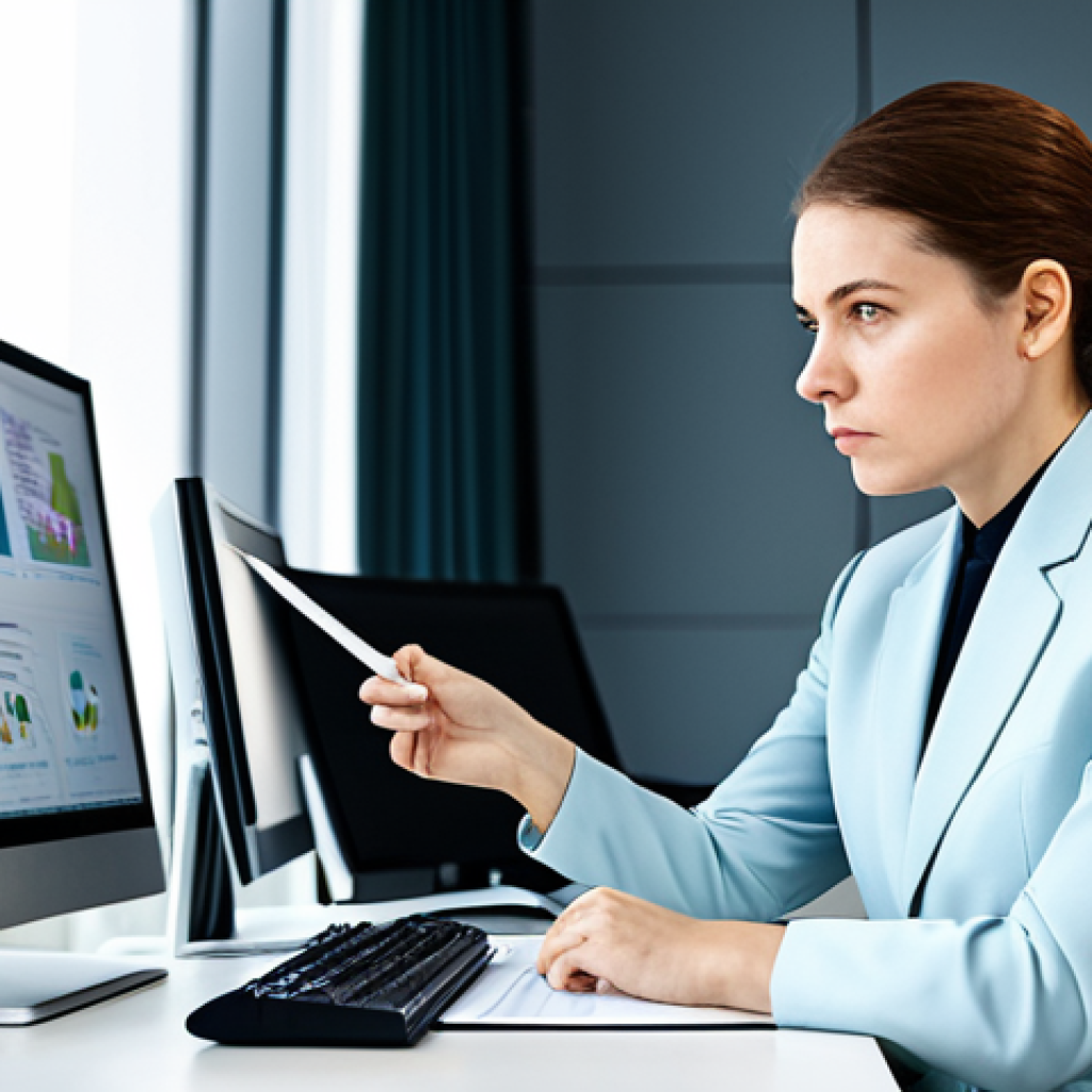 A focused female compliance expert, in a modest business suit, sitting at a modern desk. She is intensely studying legal documents and data on multiple large monitors displaying complex regulatory frameworks and data visualizations. Her expression is serious and analytical. The environment is a sleek, contemporary office with natural light. High-resolution, sharp focus, professional photography, perfect anatomy, correct proportions, natural pose, well-formed hands, proper finger count, natural body proportions, fully clothed, modest clothing, appropriate attire, professional dress, safe for work, appropriate content, family-friendly.