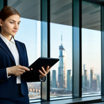 A professional female executive in a modest business suit, fully clothed, appropriate attire, professional dress, standing in a sleek, modern office lobby with large windows overlooking a city skyline. She is holding a tablet displaying a complex data visualization related to global regulations. Professional photography, high resolution, soft diffused lighting, perfect anatomy, correct proportions, natural pose, well-formed hands, proper finger count, natural body proportions, safe for work, appropriate content, fully clothed, professional.