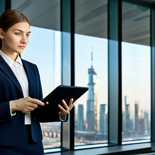 Home 21 A professional female executive in a modest business suit, fully clothed, appropriate attire, professional dress, standing in a sleek, modern office lobby with large windows overlooking a city skyline. She is holding a tablet displaying a complex data visualization related to global regulations. Professional photography, high resolution, soft diffused lighting, perfect anatomy, correct proportions, natural pose, well-formed hands, proper finger count, natural body proportions, safe for work, appropriate content, fully clothed, professional.