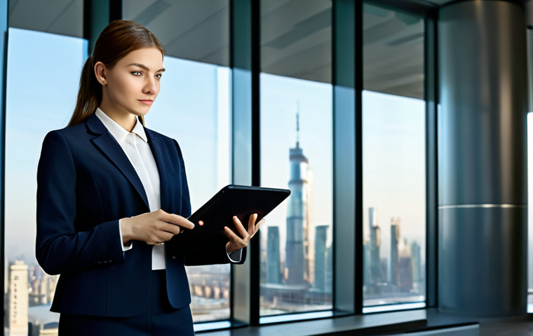 A professional female executive in a modest business suit, fully clothed, appropriate attire, professional dress, standing in a sleek, modern office lobby with large windows overlooking a city skyline. She is holding a tablet displaying a complex data visualization related to global regulations. Professional photography, high resolution, soft diffused lighting, perfect anatomy, correct proportions, natural pose, well-formed hands, proper finger count, natural body proportions, safe for work, appropriate content, fully clothed, professional.
