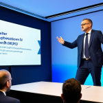**

"A professional compliance officer, fully clothed in a stylish business suit, giving a presentation at a compliance conference in Paris. The backdrop features a screen displaying 'RGPD' and other regulatory acronyms. Confident and engaging pose, safe for work, appropriate content, perfect anatomy, natural proportions, professional photography, well-lit."

**