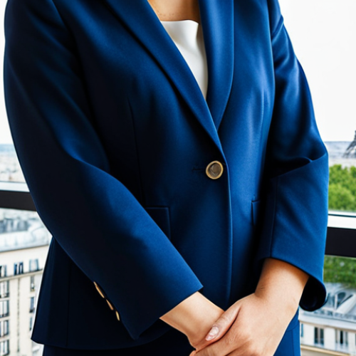 Home 11 **
"A professional woman in a modest, navy blue business suit, standing in a bright, modern office with large windows overlooking Paris, France. Fully clothed, appropriate attire, safe for work. Perfect anatomy, correct proportions, well-formed hands, natural pose, professional photography, high quality."
**