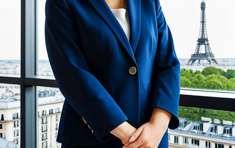 **
"A professional woman in a modest, navy blue business suit, standing in a bright, modern office with large windows overlooking Paris, France. Fully clothed, appropriate attire, safe for work. Perfect anatomy, correct proportions, well-formed hands, natural pose, professional photography, high quality."
**