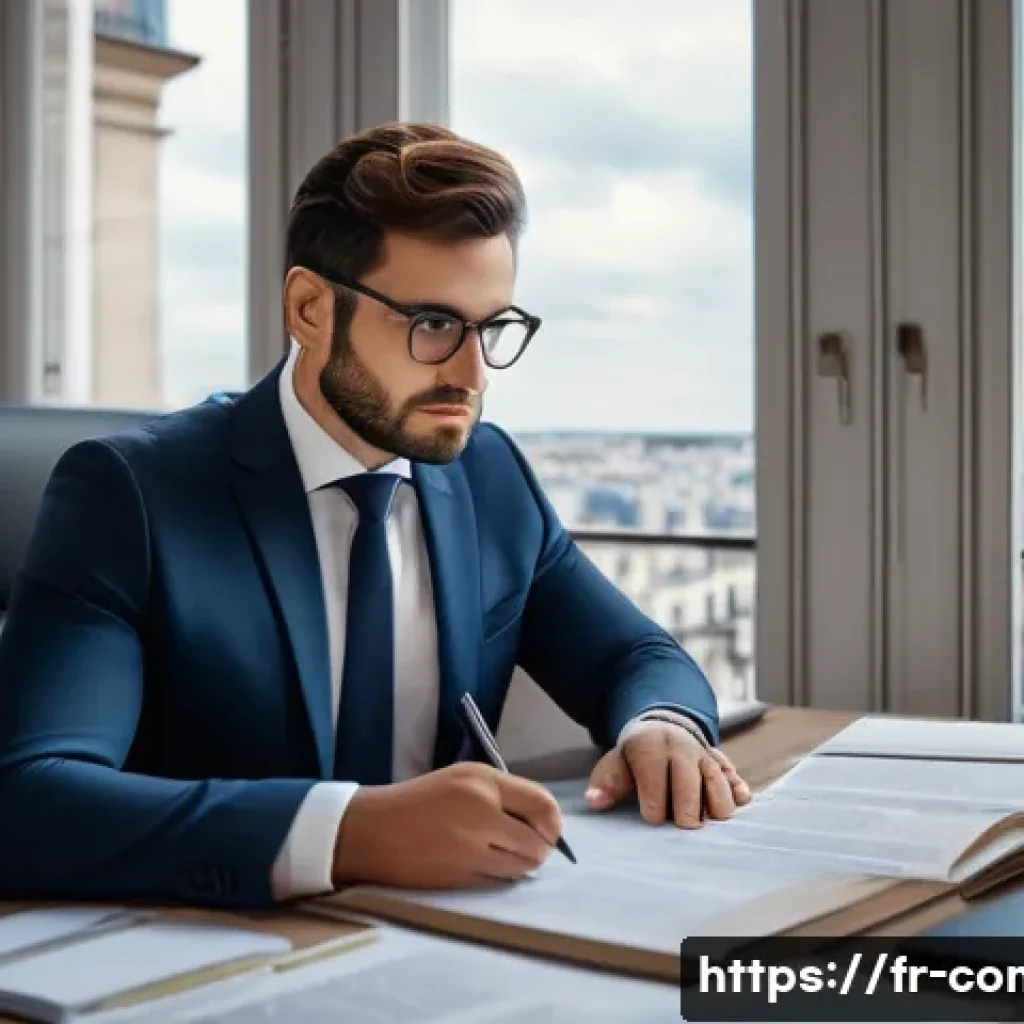 규제준수 전문가 취업 트렌드 - A professional compliance officer in a modern French office setting, wearing business attire with su...