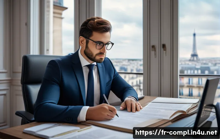 규제준수 전문가 취업 트렌드 - A professional compliance officer in a modern French office setting, wearing business attire with su...