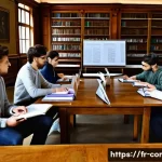 Home 21 규제준수 자격 시험 기출 문제 분석 - A focused group study session in a modern French library setting, featuring diverse young adult stud...