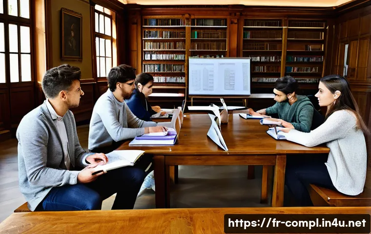 규제준수 자격 시험 기출 문제 분석 - A focused group study session in a modern French library setting, featuring diverse young adult stud...