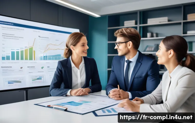 규제준수 자격 취득 후 직무 변경 - A professional French office setting with a diverse group of businesspeople in formal attire discuss...