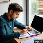 Home 18 규제준수 분야의 자격 시험 준비 일정 - A focused young French adult studying at a cozy home desk with natural daylight, surrounded by a lap...